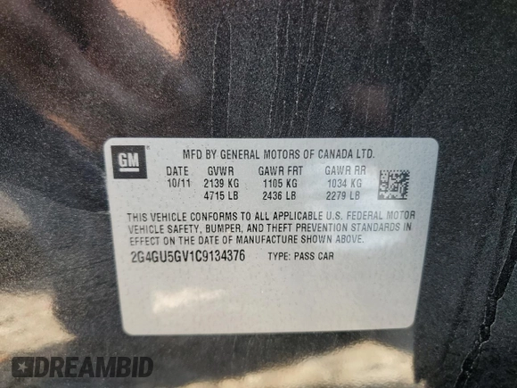2012 Buick Regal Turbo Premium 3 with VIN 2G4GU5GV1C9134376, listed as a Copart auction lot 65253524 with 52,228 mi miles and Salvage title. Bid and sale history available at DreamBid. Image 12.