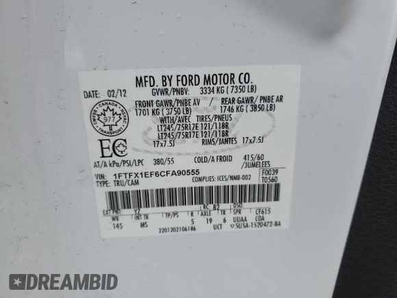 2012 Ford F-150 XL with VIN 1FTFX1EF6CFA90555, listed as a Copart auction lot 50518805 with 240,353 mi miles and Clean Title. Bid and sale history available at carsss.com. Image 12.