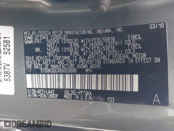 2011 Toyota Sienna XLE with VIN 5TDDK3DCXBS003666, listed as a IAAI auction lot 41807992 with 156,699 mi miles. Bid and sale history available at carsss.com. Image 9.