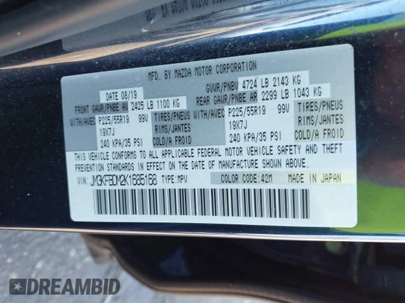 2019 Mazda CX-5 Grand Touring with VIN JM3KFBDM2K1685168, listed as a IAAI auction lot 41323598 with 88,429 mi miles. Bid and sale history available at carsss.com. Image 9.