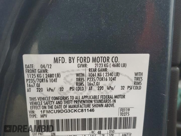 2012 Ford Escape XLT z VIN 1FMCU9DG3CKC81146, wystawiony jako Copart lot #58999625 z przebiegiem 169 942 mil mil oraz Czysty tytuł • Clean title. Historia ofert i sprzedaży dostępna na DreamBid. Obrazek 13.