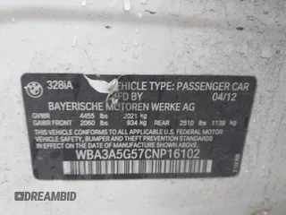 2012 BMW 3 Series 328i with VIN WBA3A5G57CNP16102, listed as a IAAI auction lot 42088407 with 70,608 mi miles and . Bid and sale history available at carsss.com. Image 9.