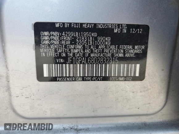 2013 Subaru Impreza Special Sports Premium z VIN JF1GPAL68D2832315, wystawiony jako Copart lot #55023845 z przebiegiem 117 444 mil mil oraz Szkoda całkowita • Salvage title. Historia ofert i sprzedaży dostępna na DreamBid. Obrazek 12.