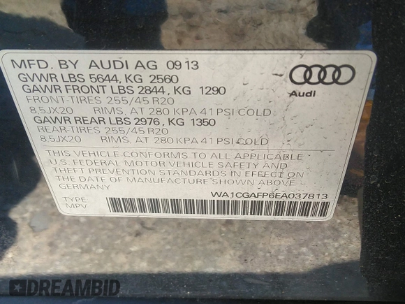 2014 Audi SQ5 Premium Plus with VIN WA1CGAFP6EA037813, listed as a IAAI auction lot 42058246 with 104,623 mi miles and . Bid and sale history available at DreamBid. Image 9.