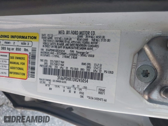 2013 Ford Fusion SE with VIN 3FA6P0HR1DR245054, listed as a IAAI auction lot 42628710 with 138,971 mi miles and . Bid and sale history available at DreamBid. Image 9.