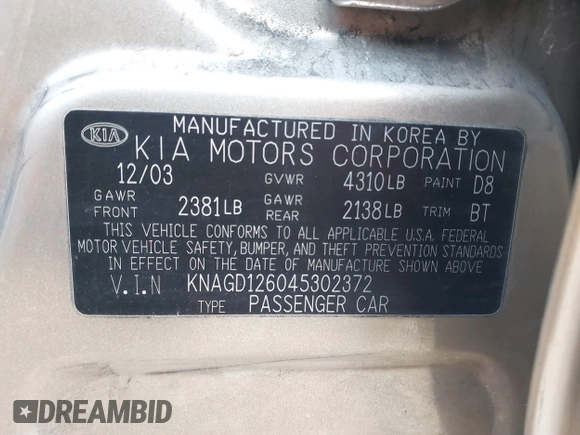 2004 Kia Optima LX z VIN KNAGD126045302372, wystawiony jako IAAI lot #41022315 z przebiegiem 199 588 mil mil oraz . Historia ofert i sprzedaży dostępna na DreamBid. Obrazek 9.