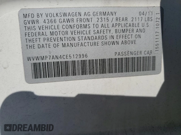 2012 Volkswagen CC Sport PZEV with VIN WVWMP7AN4CE512996, listed as a Copart auction lot 77027114 with 109,527 mi miles and Salvage Title. Bid and sale history available at carsss.com. Image 12.