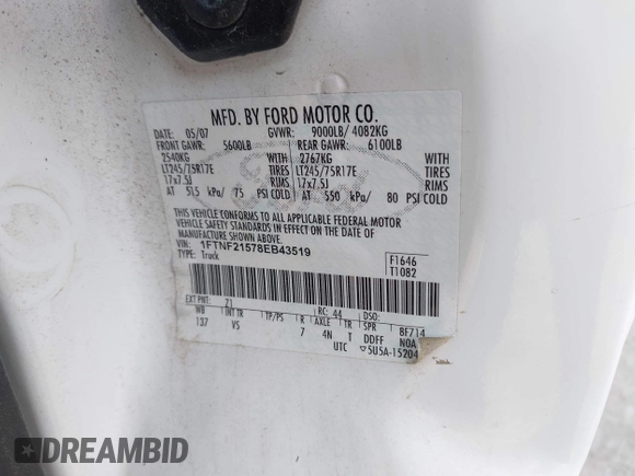 2008 Ford F-250 XL with VIN 1FTNF21578EB43519, listed as a IAAI auction lot 42491040 with 101,834 mi miles and . Bid and sale history available at DreamBid. Image 9.