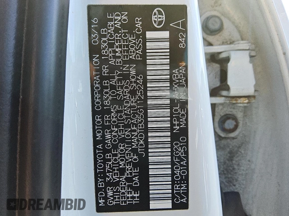 2016 Toyota Prius One with VIN JTDKDTB35G1125246, listed as a Copart auction lot 52892205 with 99,577 mi miles and Clean Title. Bid and sale history available at carsss.com. Image 12.