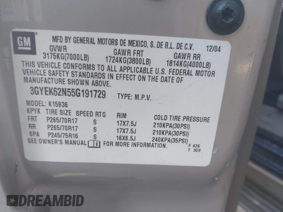 2005 Cadillac Escalade EXT z VIN 3GYEK62N55G191729, wystawiony jako IAAI lot #41980605 z przebiegiem 224 349 mil mil oraz . Historia ofert i sprzedaży dostępna na DreamBid. Obrazek 9.