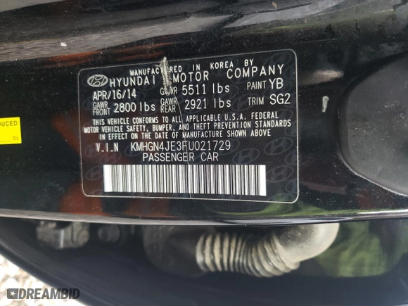2015 Hyundai Genesis 3.8L with VIN KMHGN4JE3FU021729, listed as a Copart auction lot 54375815 with 185,613 mi miles and Clean Title. Bid and sale history available at carsss.com. Image 12.
