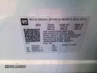 2022 Chevrolet Equinox LT z VIN 3GNAXKEV5NL263277, wystawiony jako IAAI lot #42521010 z przebiegiem 74 245 mil mil oraz . Historia ofert i sprzedaży dostępna na DreamBid. Obrazek 1.