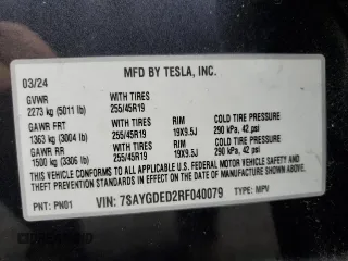 2024 Tesla Model Y с VIN 7SAYGDED2RF040079, выставлен на аукционе Copart как лот 61415675 с пробегом 2 549 миль миль и На запчасти • Non repairable. История ставок и продаж доступна на DreamBid. Изображение 12.