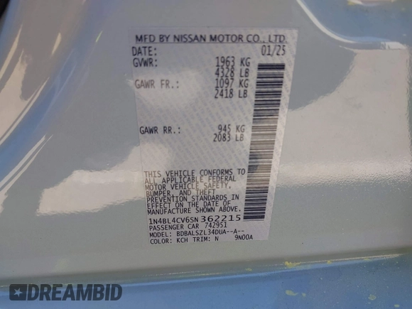 2025 Nissan Altima SR with VIN 1N4BL4CV6SN362215, listed as a IAAI auction lot 42057026 with 3,467 mi miles and . Bid and sale history available at DreamBid. Image 9.