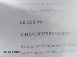 2022 Tesla Model 3 Long Range with VIN 5YJ3E1EB6NF233131, listed as a IAAI auction lot 41819409 with 38,308 mi miles and . Bid and sale history available at DreamBid. Image 14.
