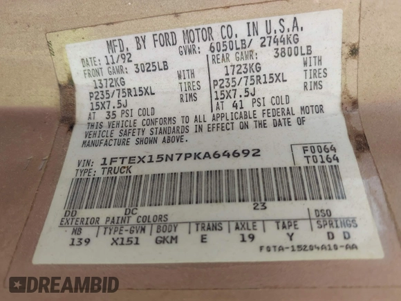 1993 Ford F-150 with VIN 1FTEX15N7PKA64692, listed as a IAAI auction lot 42642325 with Not provided miles and . Bid and sale history available at DreamBid. Image 9.