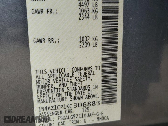 2019 Nissan LEAF SV with VIN 1N4AZ1CP1KC306883, listed as a Copart auction lot 58795165 with Not provided miles and Salvage title. Bid and sale history available at DreamBid. Image 12.