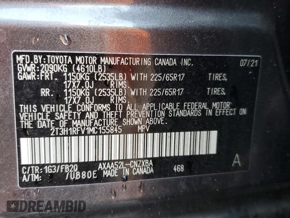2021 Toyota RAV4 LE with VIN 2T3H1RFV1MC155845, listed as a Copart auction lot 43665575 with 61,082 mi miles and Salvage Title. Bid and sale history available at carsss.com. Image 13.