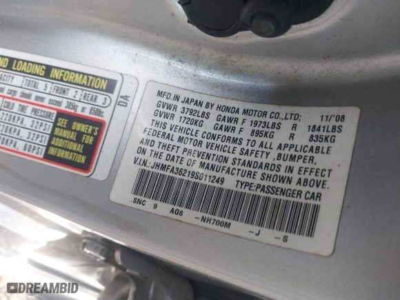 2009 Honda Civic Hybrid with VIN JHMFA36219S011249, listed as a IAAI auction lot 41605489 with 164,920 mi miles. Bid and sale history available at carsss.com. Image 9.