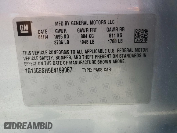 2014 Chevrolet Sonic LT z VIN 1G1JC5SH9E4199067, wystawiony jako Copart lot #61065235 z przebiegiem Nie podano mil oraz Szkoda całkowita • Salvage title. Historia ofert i sprzedaży dostępna na DreamBid. Obrazek 12.