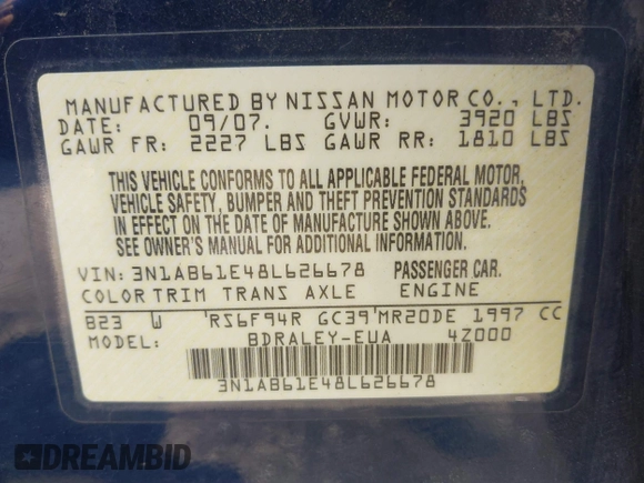 2008 Nissan Sentra S with VIN 3N1AB61E48L626678, listed as a IAAI auction lot 42498825 with 182,833 mi miles and . Bid and sale history available at DreamBid. Image 9.