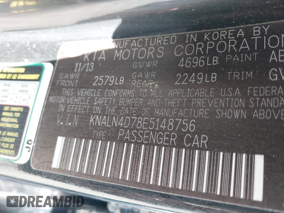2014 Kia Cadenza Premium with VIN KNALN4D78E5148756, listed as a IAAI auction lot 41518113 with 109,613 mi miles. Bid and sale history available at carsss.com. Image 9.