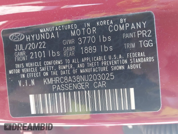 2022 Hyundai Venue Limited with VIN KMHRC8A38NU203025, listed as a IAAI auction lot 42714936 with 10,494 mi miles and . Bid and sale history available at DreamBid. Image 9.