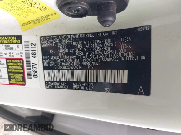 2013 Toyota Sienna XLE with VIN 5TDDK3DCXDS050814, listed as a IAAI auction lot 41985089 with 134,400 mi miles and . Bid and sale history available at DreamBid. Image 9.