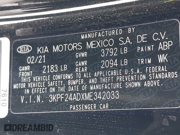 2021 Kia Forte LXS с VIN 3KPF24ADXME342033, выставлен на аукционе IAAI как лот 42666881 с пробегом 68 910 миль миль и . История ставок и продаж доступна на DreamBid. Изображение 9.