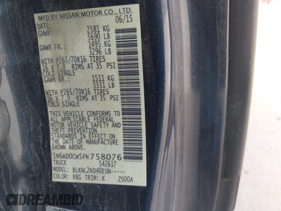 2015 Nissan Frontier SV with VIN 1N6AD0CW5FN758076, listed as a IAAI auction lot 41990940 with 141,517 mi miles and . Bid and sale history available at DreamBid. Image 9.