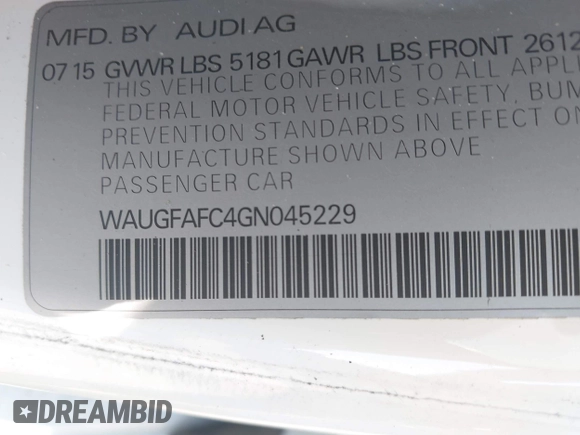 2016 Audi A6 2.0T Premium Plus with VIN WAUGFAFC4GN045229, listed as a IAAI auction lot 41974532 with 122,585 mi miles. Bid and sale history available at carsss.com. Image 9.