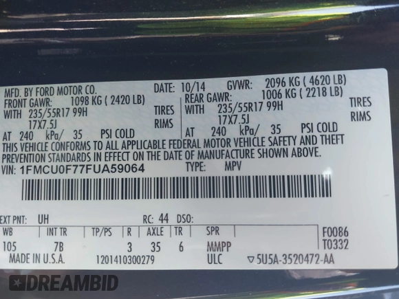 2015 Ford Escape S with VIN 1FMCU0F77FUA59064, listed as a IAAI auction lot 42073045 with 110,405 mi miles and . Bid and sale history available at DreamBid. Image 9.