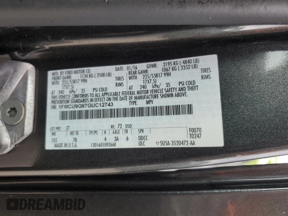 2016 Ford Escape SE z VIN 1FMCU9G97GUC12743, wystawiony jako Copart lot #56578935 z przebiegiem 150 574 mil mil oraz Tytuł czysty. Historia ofert i sprzedaży dostępna na DreamBid. Obrazek 13.