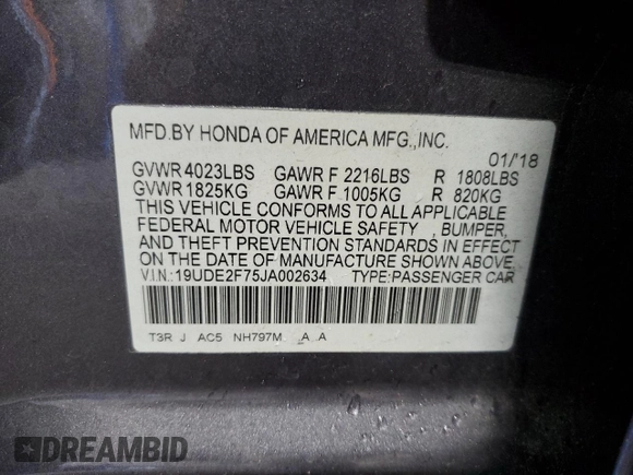 2018 Acura ILX Premium with VIN 19UDE2F75JA002634, listed as a Copart auction lot 66560255 with 130,036 mi miles and Salvage title. Bid and sale history available at DreamBid. Image 12.