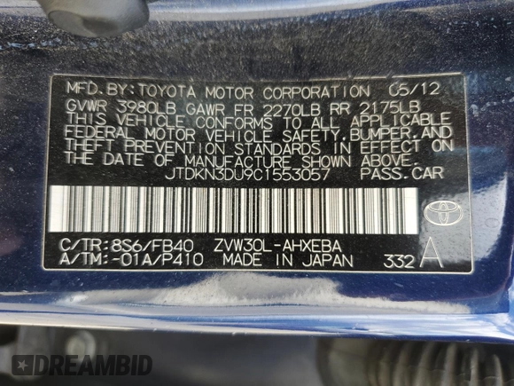 2012 Toyota Prius One with VIN JTDKN3DU9C1553057, listed as a Copart auction lot 51315835 with 135,541 mi miles and Salvage Title. Bid and sale history available at DreamBid. Image 14.
