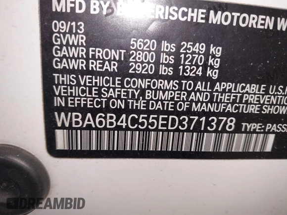 2014 BMW 6 Series 650i xDrive z VIN WBA6B4C55ED371378, wystawiony jako IAAI lot #41640888 z przebiegiem 80 927 mil mil oraz . Historia ofert i sprzedaży dostępna na DreamBid. Obrazek 9.