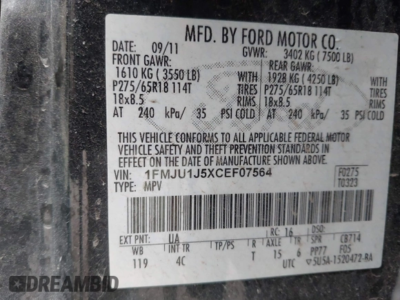 2012 Ford Expedition XLT с VIN 1FMJU1J5XCEF07564, выставлен на аукционе IAAI как лот 41132161 с пробегом 163 598 миль миль и . История ставок и продаж доступна на DreamBid. Изображение 9.