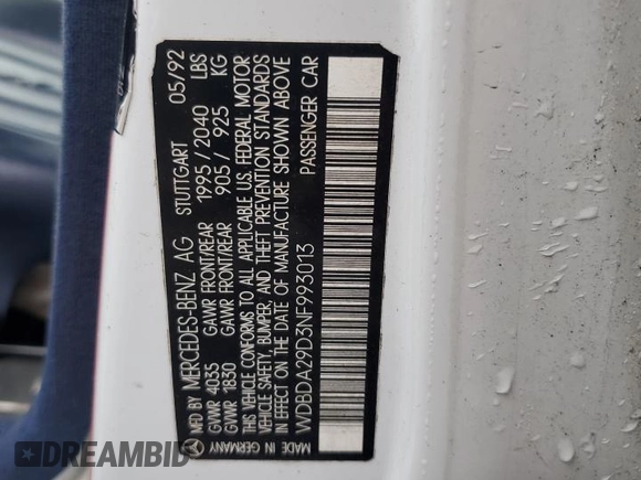1992 Mercedes-Benz 190 z VIN WDBDA29D3NF993013, wystawiony jako Copart lot #55794035 z przebiegiem 181 833 mil mil oraz Szkoda całkowita • Salvage title. Historia ofert i sprzedaży dostępna na DreamBid. Obrazek 12.