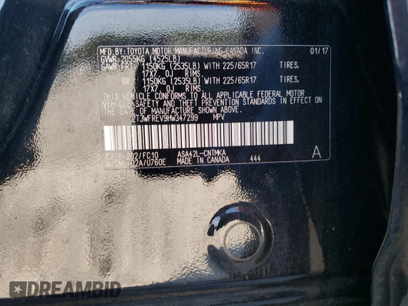 2017 Toyota RAV4 XLE with VIN 2T3WFREV9HW347299, listed as a Copart auction lot 62237864 with 103,392 mi miles and Salvage Title. Bid and sale history available at DreamBid. Image 13.
