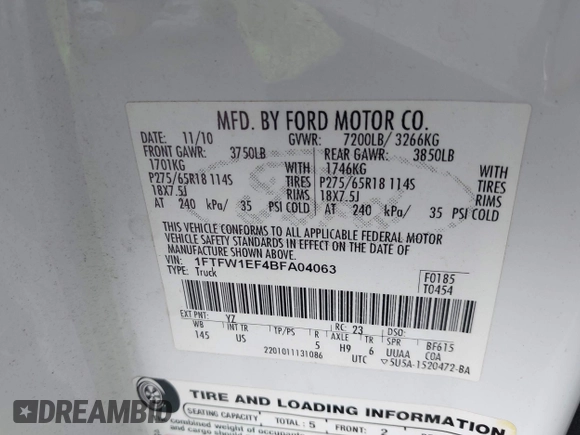 2011 Ford F-150 XL with VIN 1FTFW1EF4BFA04063, listed as a IAAI auction lot 42724073 with 144,705 mi miles and . Bid and sale history available at DreamBid. Image 9.