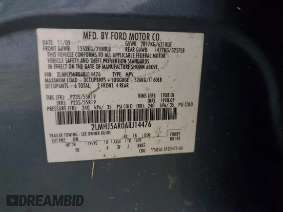 2010 Lincoln MKT with VIN 2LMHJ5AR0ABJ14476, listed as a Copart auction lot 46094855 with Not Provided miles and Non Repairable. Bid and sale history available at DreamBid. Image 13.