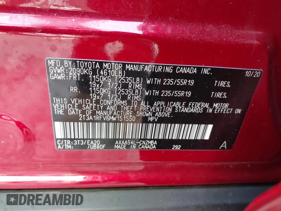 2021 Toyota RAV4 XLE Premium with VIN 2T3A1RFV6MW151550, listed as a IAAI auction lot 42764775 with 41,377 mi miles and . Bid and sale history available at DreamBid. Image 9.