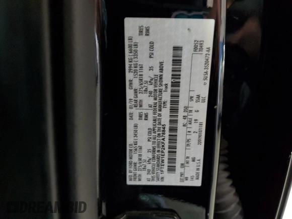2019 Ford F-150 XL с VIN 1FTEW1EP2KFA78845, выставлен на аукционе Copart как лот 83445664 с пробегом 106 083 миль миль и На запчасти • Non repairable. История ставок и продаж доступна на DreamBid. Изображение 13.
