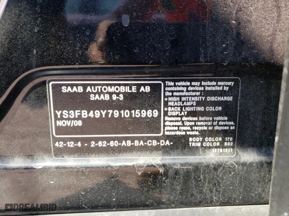 2009 Saab 9-3 with VIN YS3FB49Y791015969, listed as a Copart auction lot 60074144 with NaN miles and Salvage Title. Bid and sale history available at carsss.com. Image 12.
