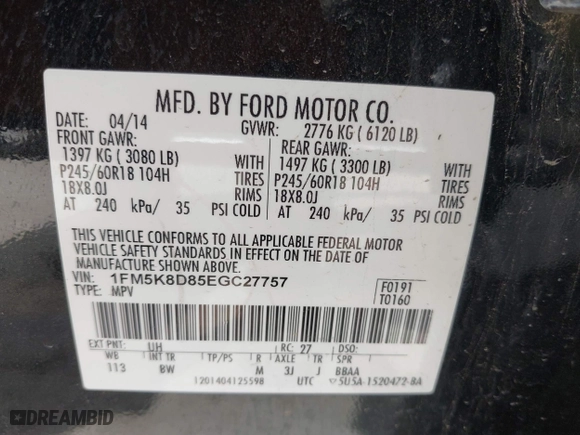 2014 Ford Explorer XLT with VIN 1FM5K8D85EGC27757, listed as a IAAI auction lot 41997381 with 154,397 mi miles. Bid and sale history available at carsss.com. Image 9.