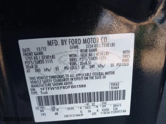 2013 Ford F-150 XL with VIN 1FTFW1EF8DFB01589, listed as a IAAI auction lot 41546455 with 157,255 mi miles. Bid and sale history available at carsss.com. Image 9.