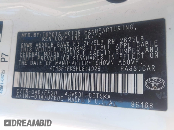 2017 Toyota Camry XLE z VIN 4T1BF1FK5HU814926, wystawiony jako IAAI lot #41917832 z przebiegiem 69 702 mil mil oraz . Historia ofert i sprzedaży dostępna na DreamBid. Obrazek 9.