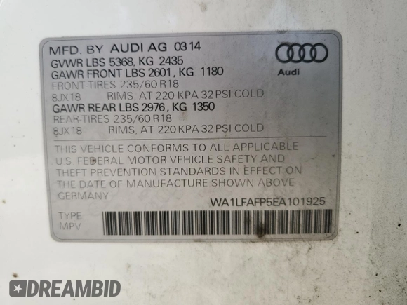 2014 Audi Q5 Premium Plus with VIN WA1LFAFP5EA101925, listed as a Copart auction lot 58351255 with 107,126 mi miles and Salvage title. Bid and sale history available at DreamBid. Image 13.