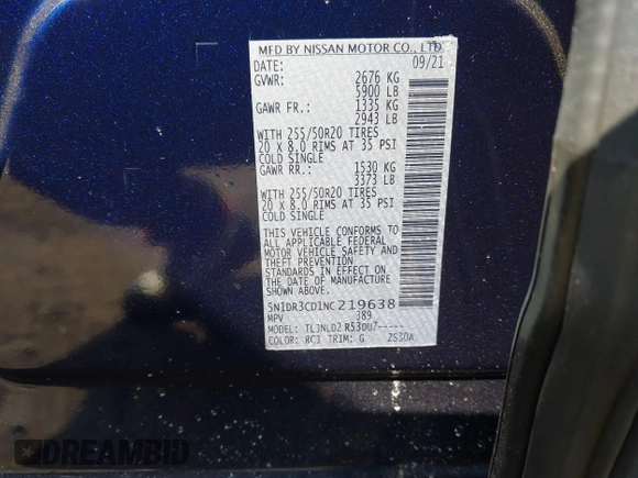 2022 Nissan Pathfinder SL z VIN 5N1DR3CD1NC219638, wystawiony jako IAAI lot #41691060 z przebiegiem 38 365 mil mil oraz . Historia ofert i sprzedaży dostępna na DreamBid. Obrazek 9.