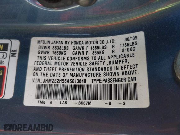 2010 Honda Insight LX with VIN JHMZE2H56AS013649, listed as a IAAI auction lot 42646690 with 5,593 mi miles and . Bid and sale history available at DreamBid. Image 9.